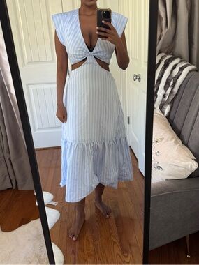 vestique Light Blue Striped Midi Dress with Cutout